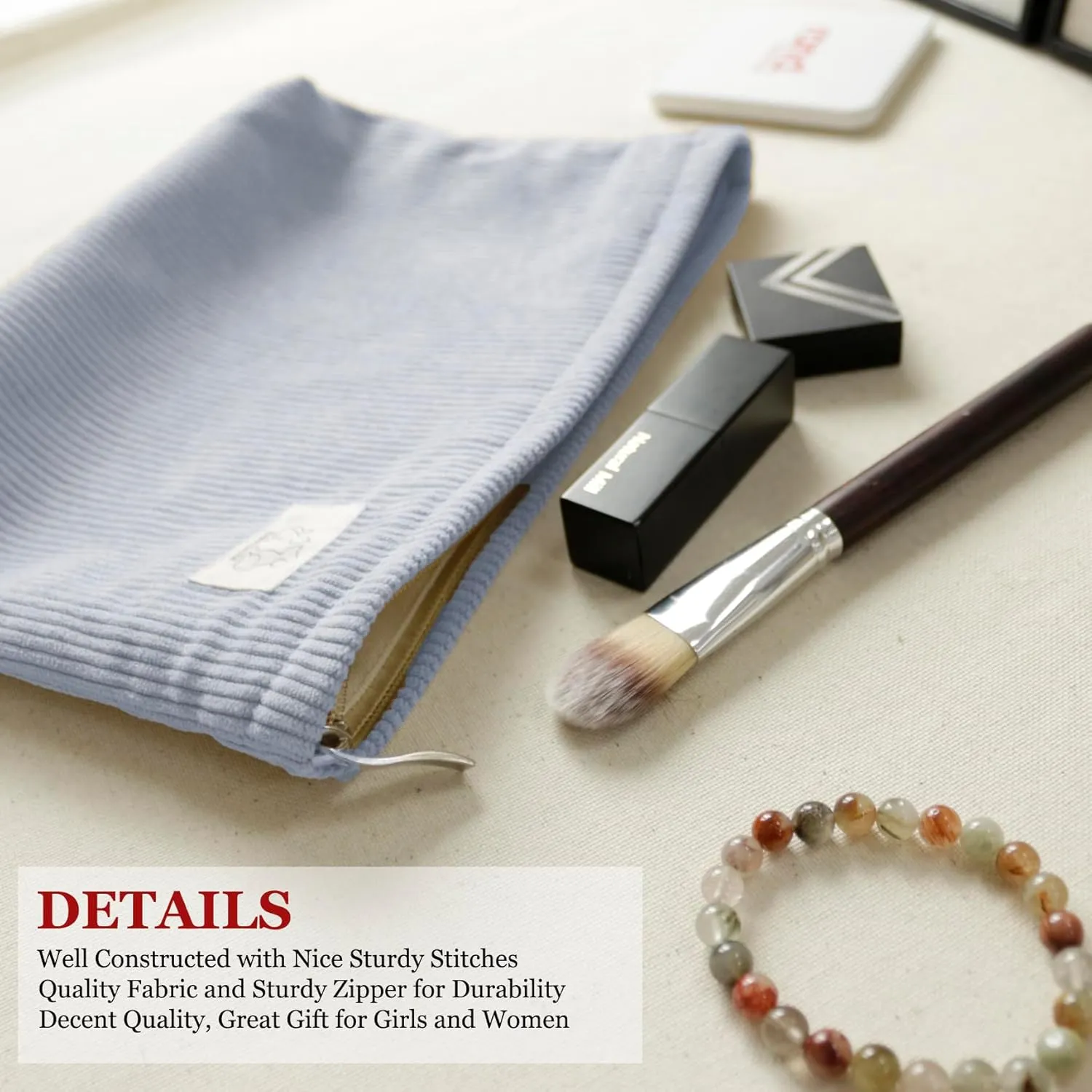Light Blue Corduroy Makeup Bag Cosmetic Toiletry Travel Pouch, Make Up Accessory Purse Organizer, Canvas Lined