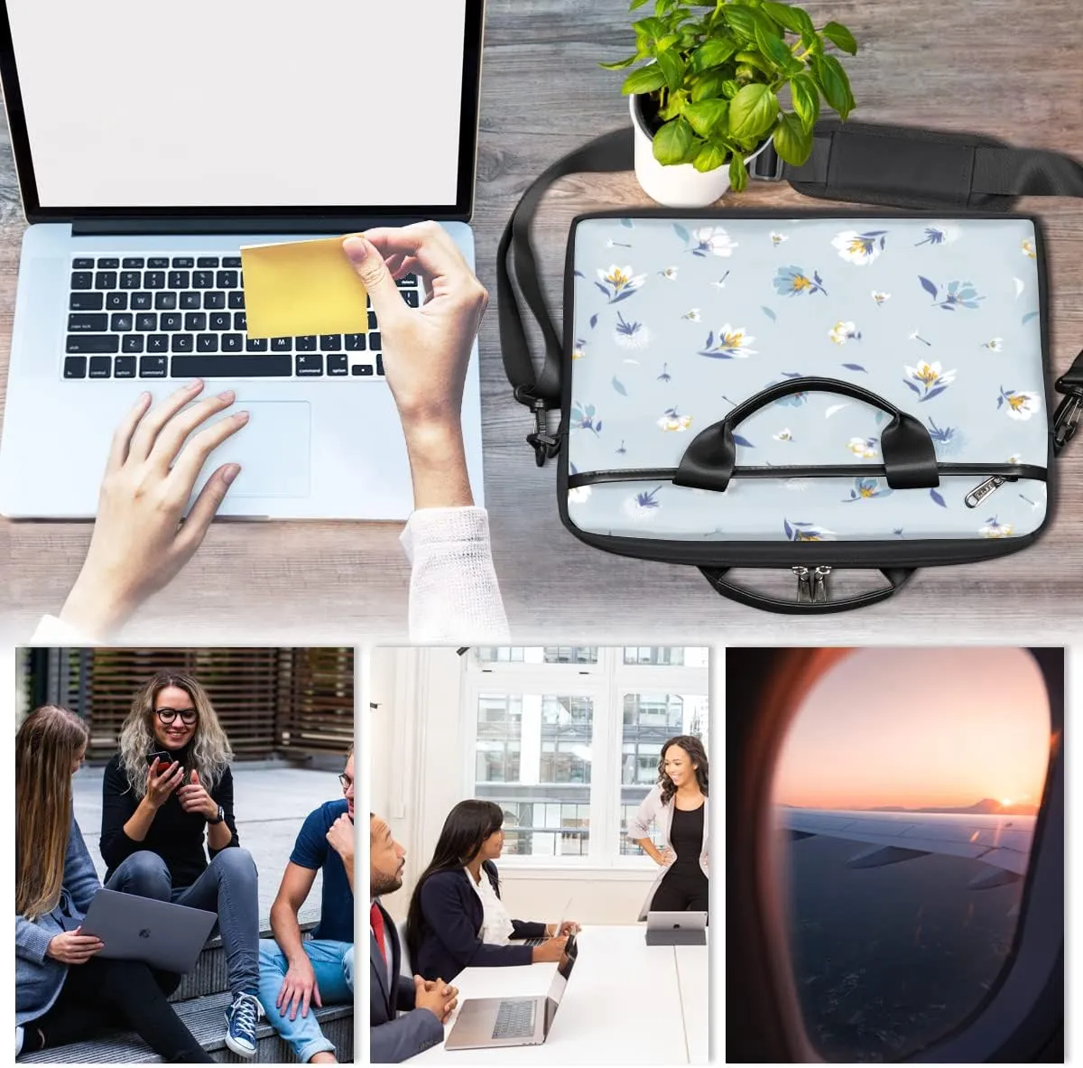 Light Blue Floral Flower Laptop Shoulder Messenger Bag Waterproof Laptop Briefcase with Handle and Padded Strap Case Sleeve