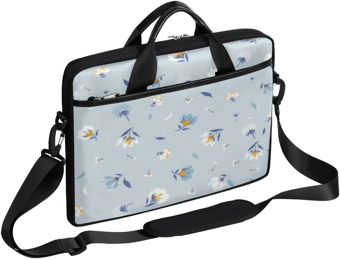 Light Blue Floral Flower Laptop Shoulder Messenger Bag Waterproof Laptop Briefcase with Handle and Padded Strap Case Sleeve