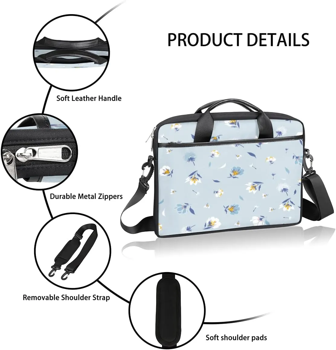 Light Blue Floral Flower Laptop Shoulder Messenger Bag Waterproof Laptop Briefcase with Handle and Padded Strap Case Sleeve