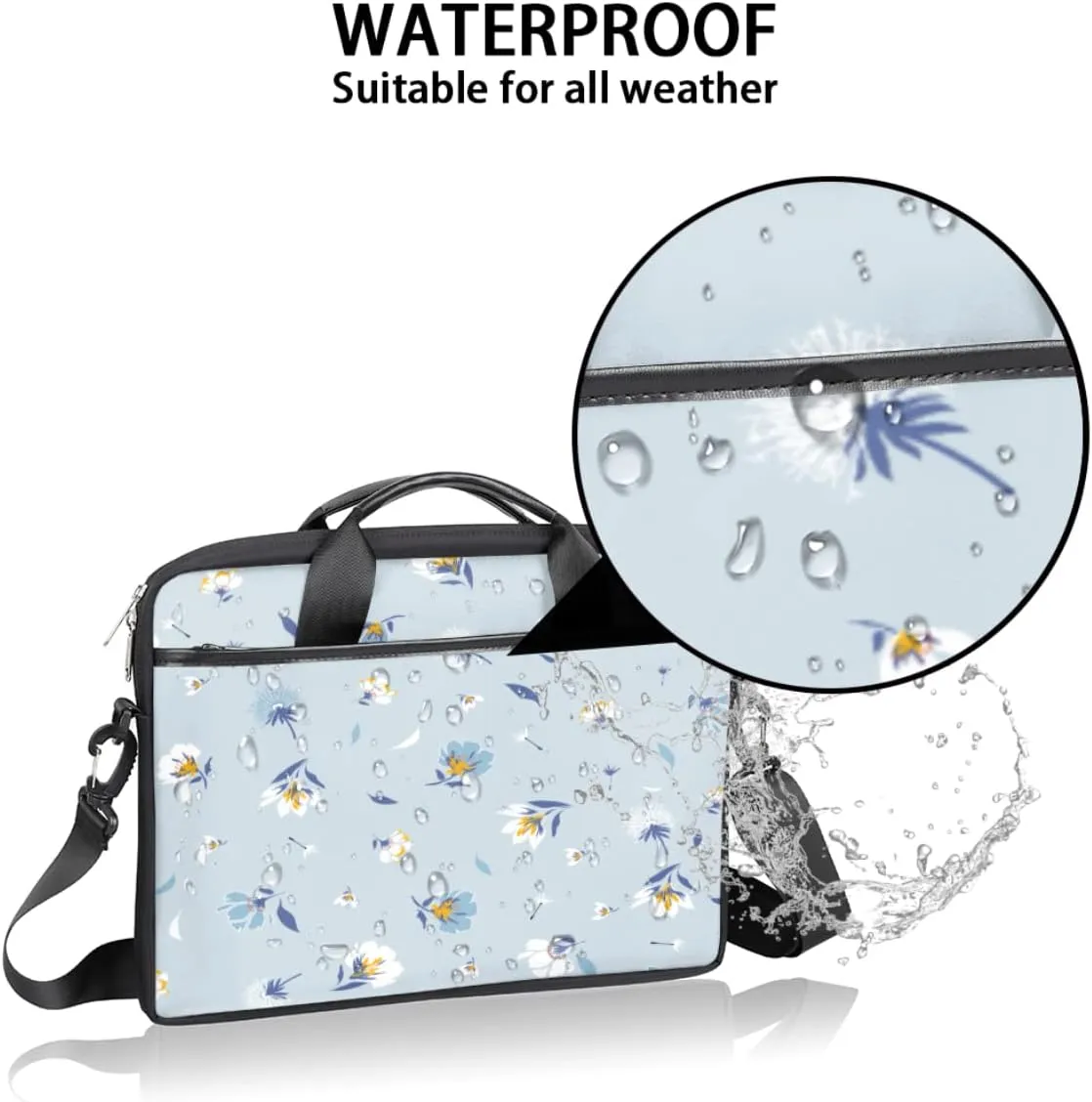 Light Blue Floral Flower Laptop Shoulder Messenger Bag Waterproof Laptop Briefcase with Handle and Padded Strap Case Sleeve