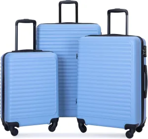 Lightweight 3 Piece Luggage Set with Spinner Wheels, Adjustable Handle, Storage Hooks, Light Blue