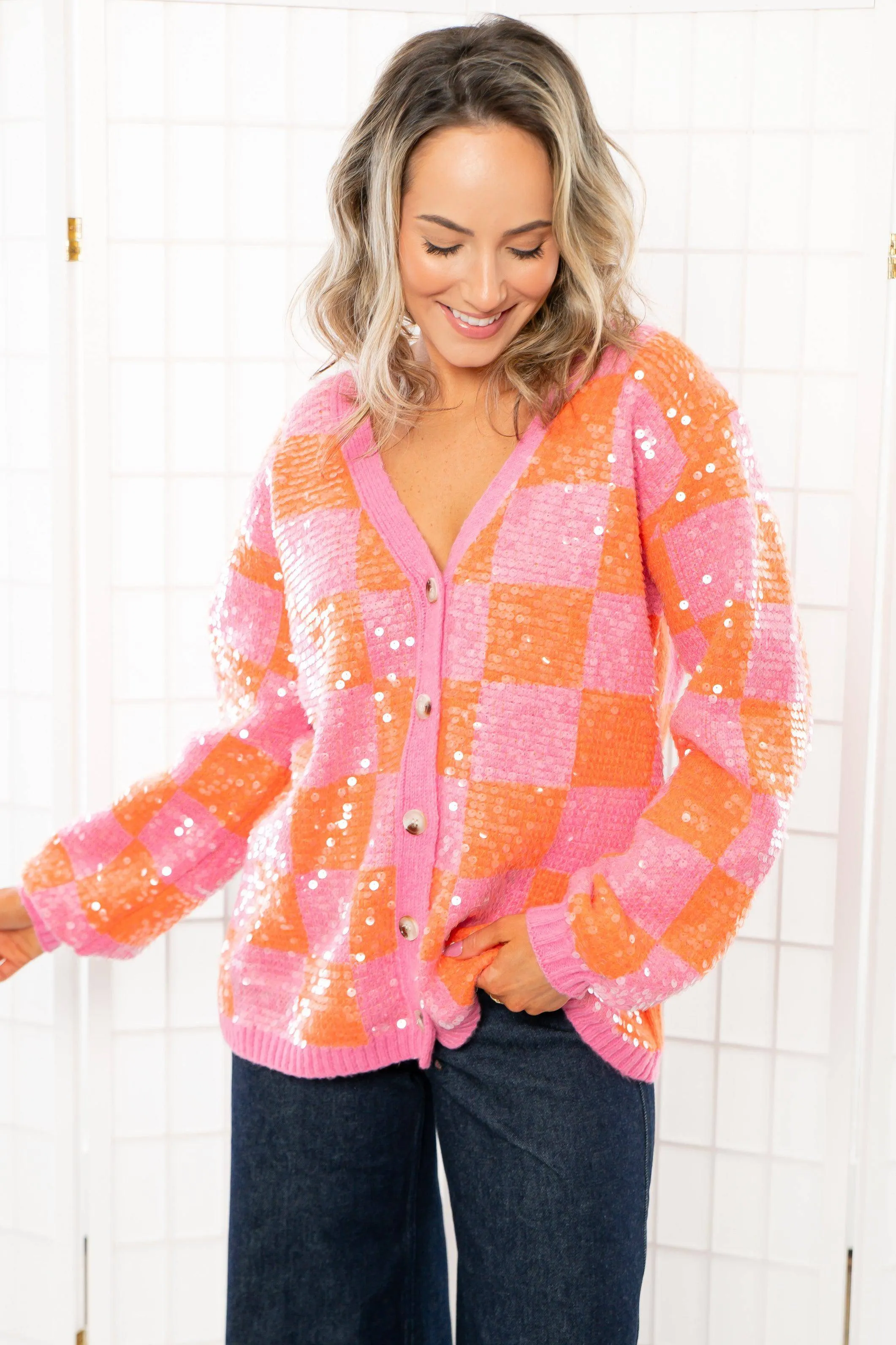 Love and Lux Orange & Pink Sequin Cardigan