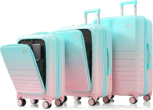 Luggage Set of 3 with USB Port and Front Opening Design, Airline Certified Carry on, ABS PC Hard Shell, Light Blue