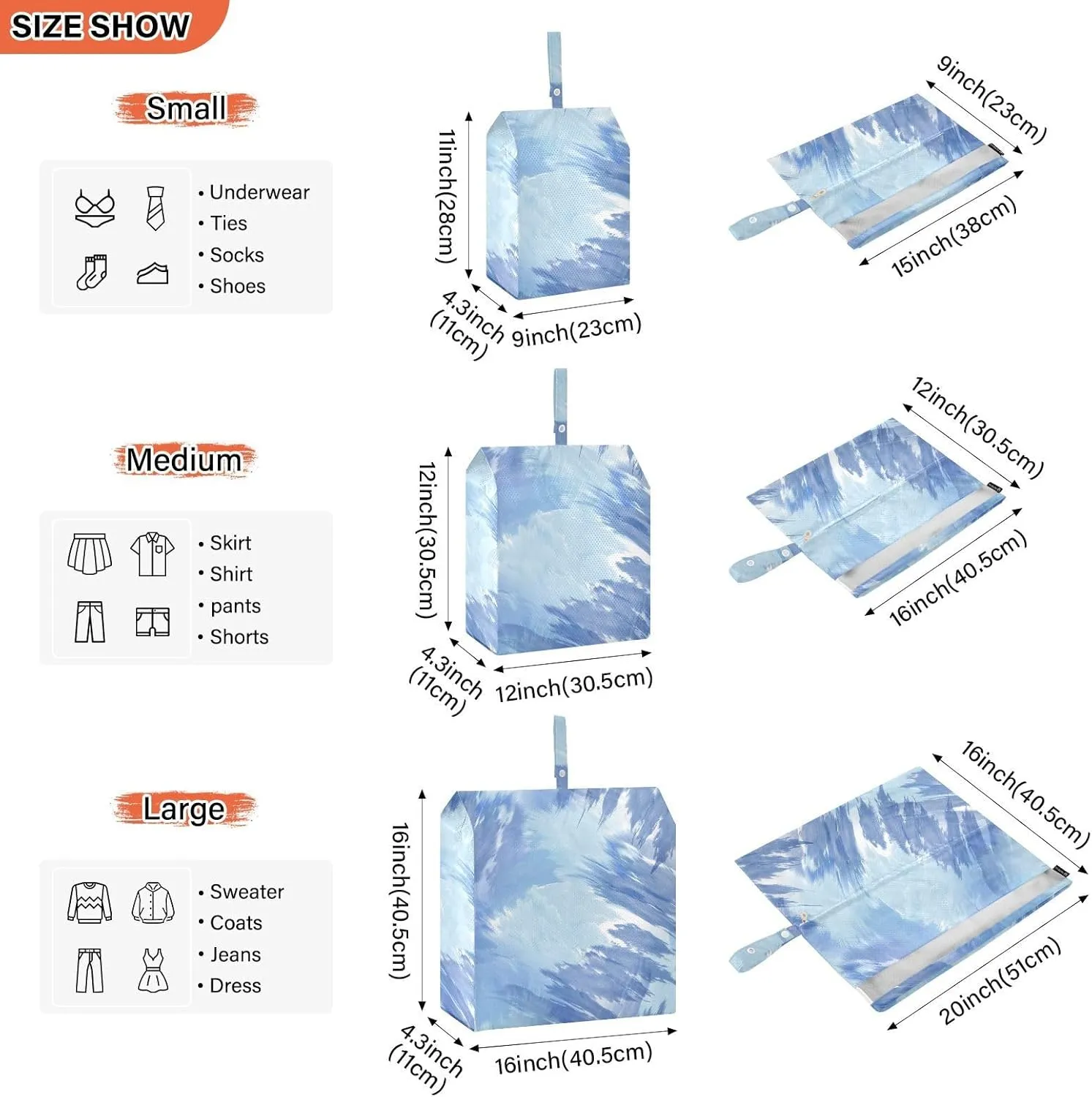 Luggage Space Saver, Organizadores De Maletas Para, Light Blue Tiedye, With Zipper, 3 Set Travel Packing Cubes For Suitcases, Garment Bag Closet Storage