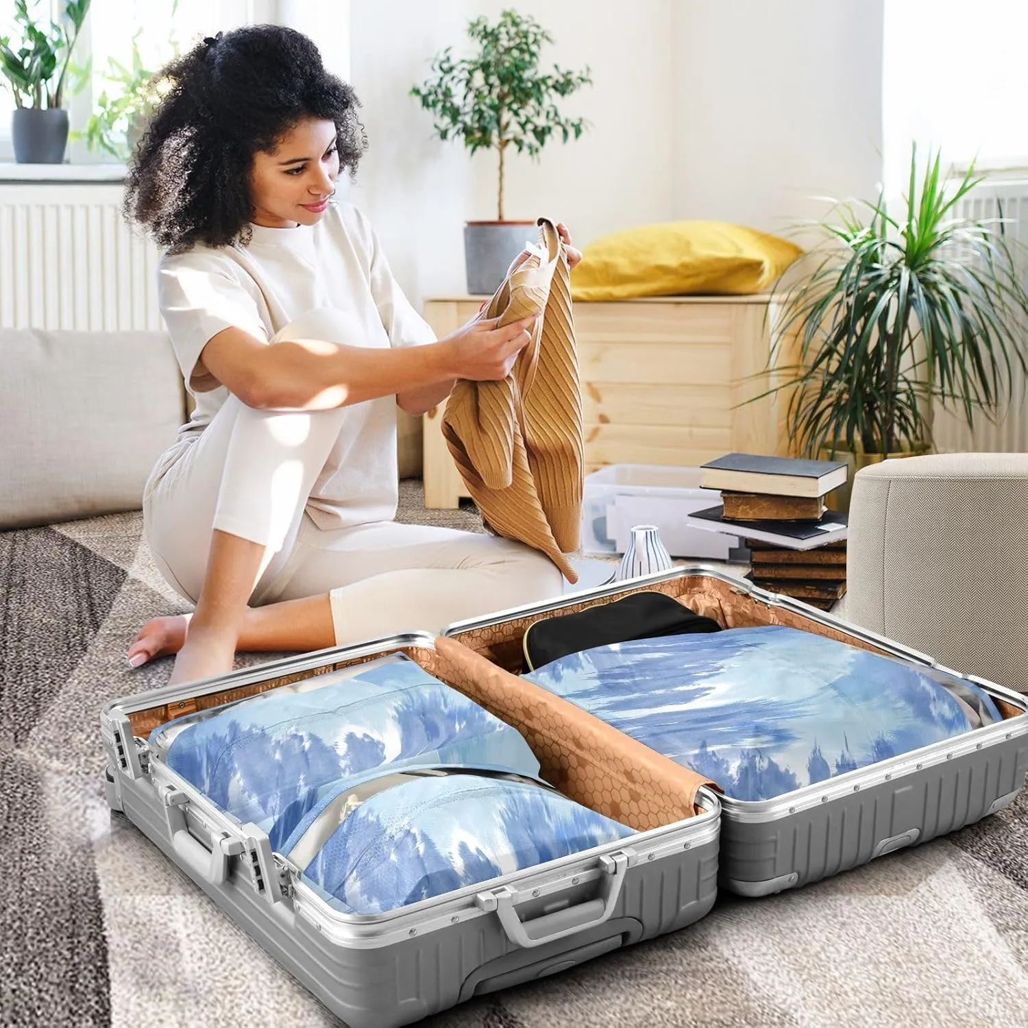 Luggage Space Saver, Organizadores De Maletas Para, Light Blue Tiedye, With Zipper, 3 Set Travel Packing Cubes For Suitcases, Garment Bag Closet Storage