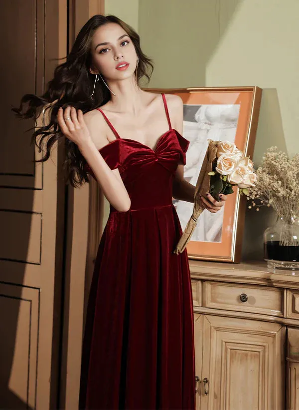 Luolandi A-Line Velvet Simple Sweetheart Off Shoulder Party Dress Velvet Prom Dress Wedding Guest Party Dresses Evening Dress