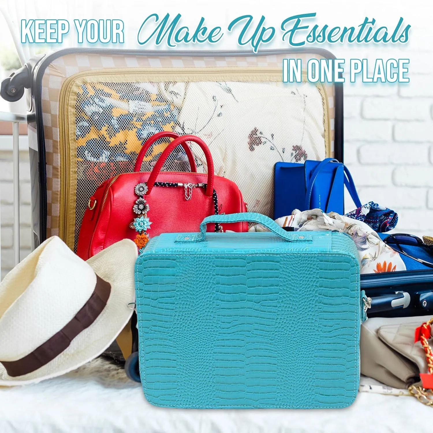 Makeup Bag for Women | Cosmopolitan Chic, Classy Travel Makeup Case | Insulated Cosmetic Bags with Interior Mesh Pocket | Waterproof Makeup Carrying Case with Top Handle | Blue Turquoise