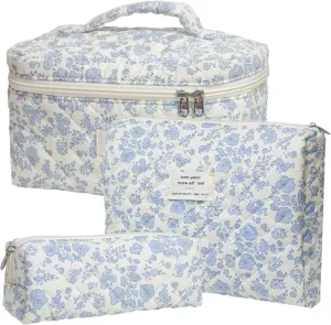 Makeup Bag, Quilted Makeup Bag Set of 3, Large Floral Make Up Bag for Women, Cotton Makeup Bag with Handle, Cosmetic Bag Organizer for Women Travel Set (Light Blue Flower)