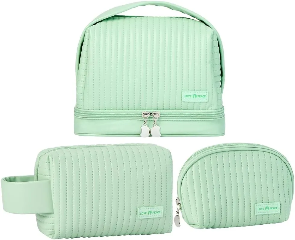 Makeup Bag Set of 3, Toiletry Bag for Women, Small Makeup Bag for Purse, Cute Quilted Cosmetic Bag for Travel, Gift for Women, Light Green
