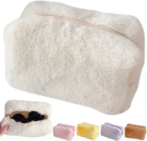 Makeup Bag with Macaron Colors, Preppy Makeup Pouch, Cute Kawaii Furry Make up Case, Cosmetic Travel Bag with Zipper,Multi-functional Sweet and Soft Coin Pouch for Womens