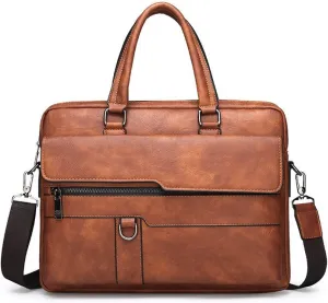 Mens 14 Inches Laptop Briefcase Faux Leather Messenger Shoulder Bags Business Satchel Light Brown