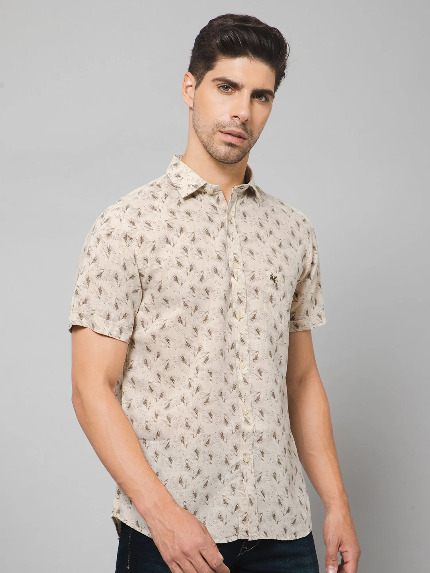 Men's Beige Casual Floral Print Half Sleeve Shirt