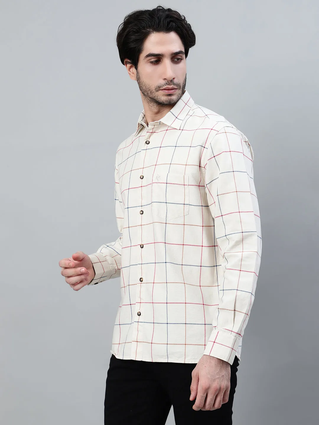 Men's Cream Checkered Full Sleeve Casual Shirt