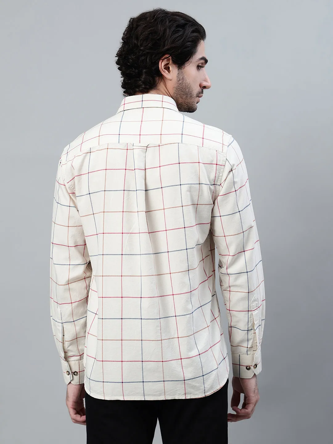 Men's Cream Checkered Full Sleeve Casual Shirt