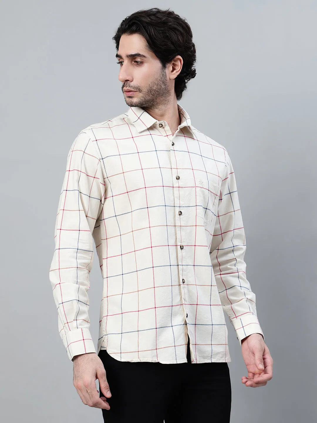 Men's Cream Checkered Full Sleeve Casual Shirt