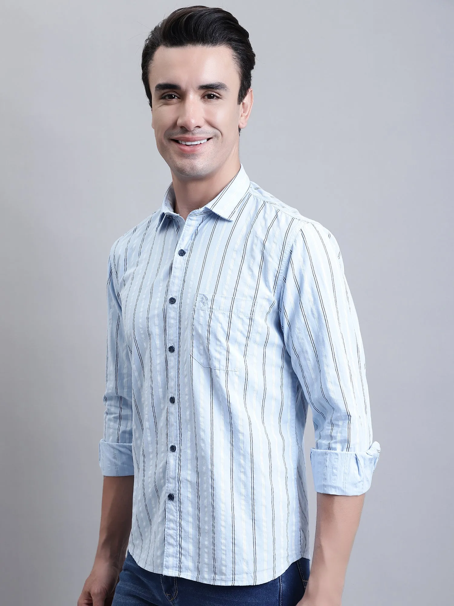 Men's Light Blue Casual Stripe Print Full Sleeve Shirt