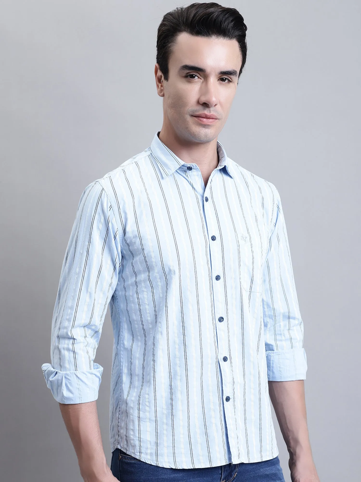 Men's Light Blue Casual Stripe Print Full Sleeve Shirt