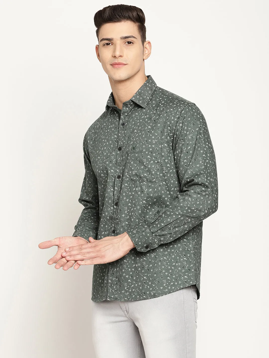 Men's Light Olive Green Casual Floral Print Full Sleeve Shirt