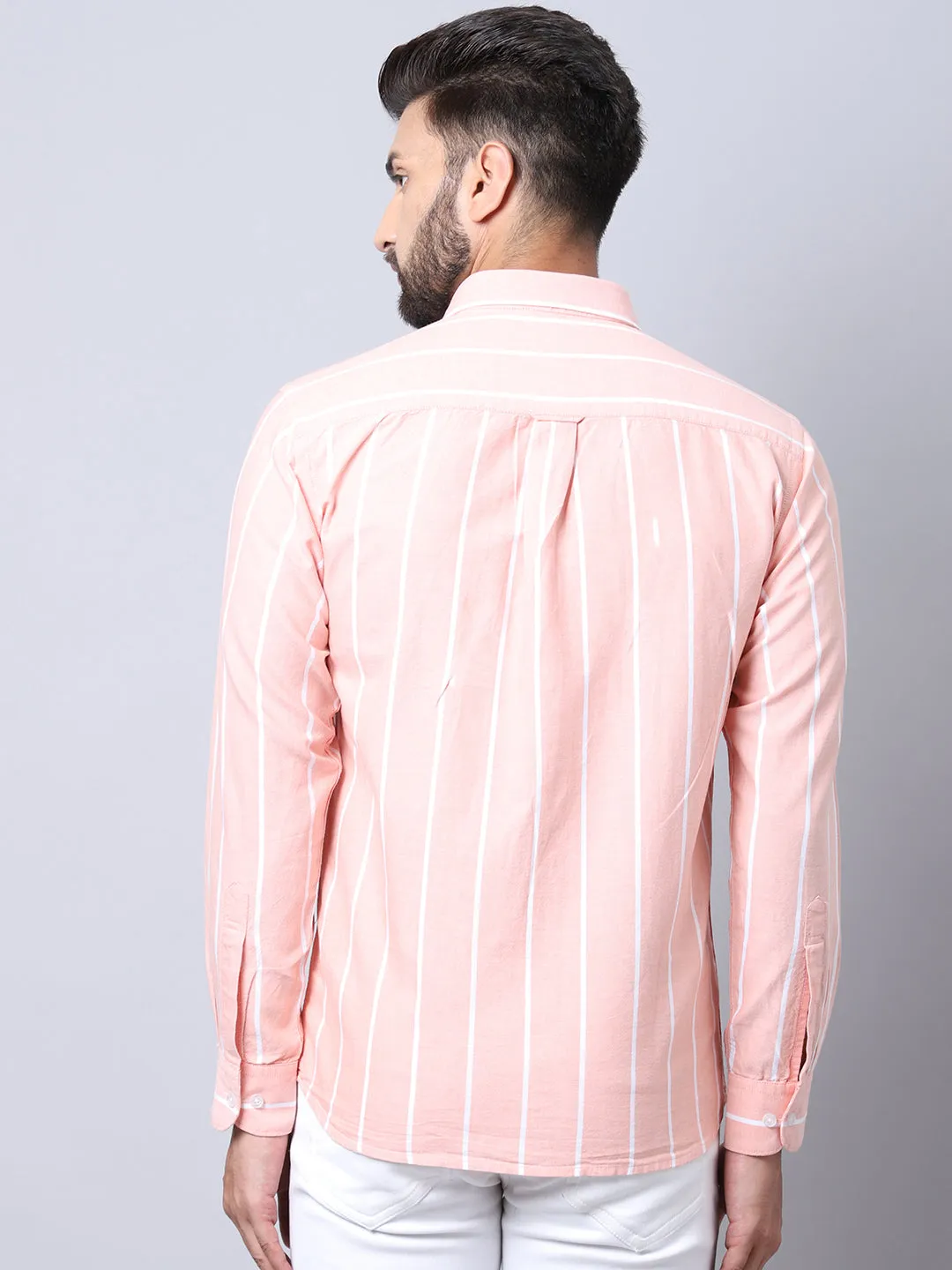 Men's Light Orange Casual Broad Stripe Full Sleeve Shirt