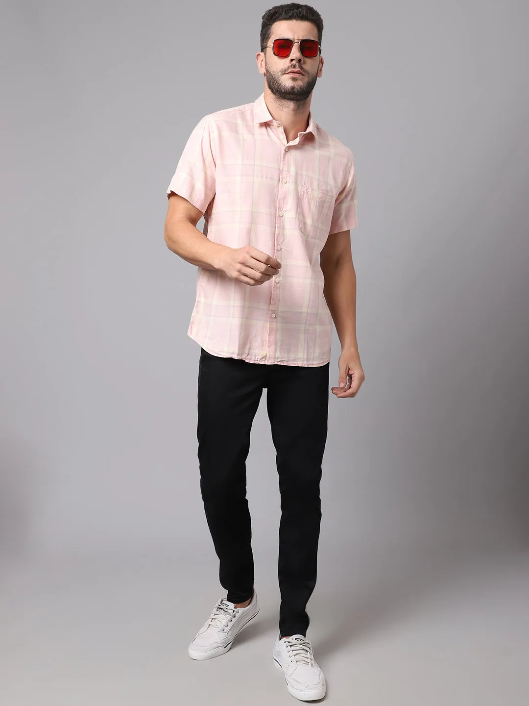 Men's Light Pink Casual Big Checks Half Sleeve Shirt