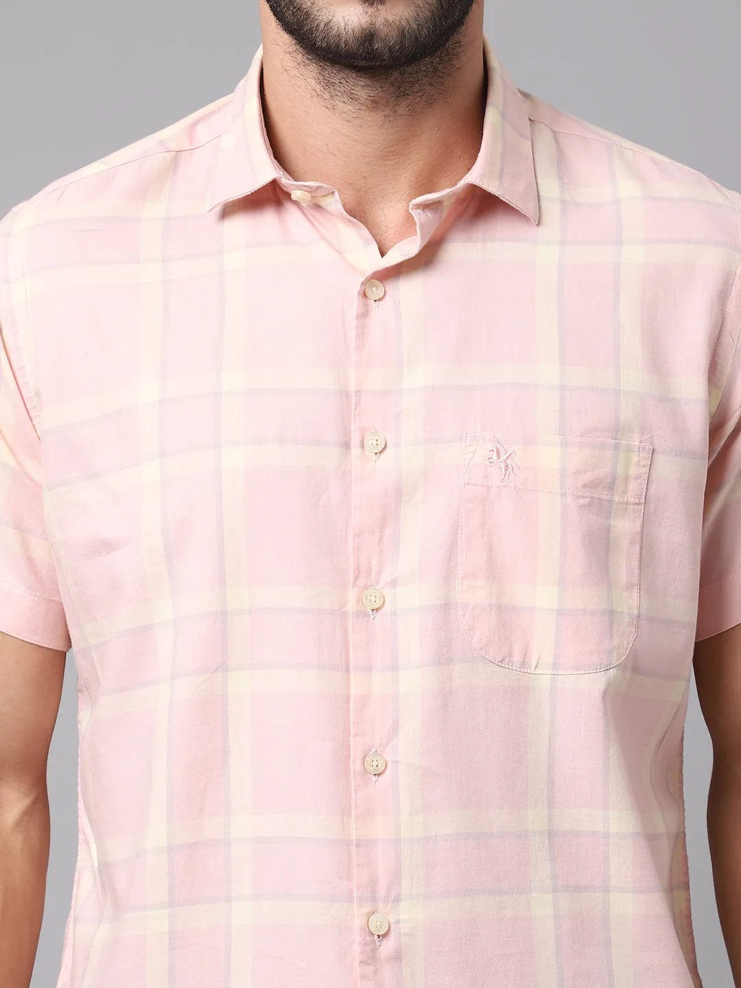 Men's Light Pink Casual Big Checks Half Sleeve Shirt