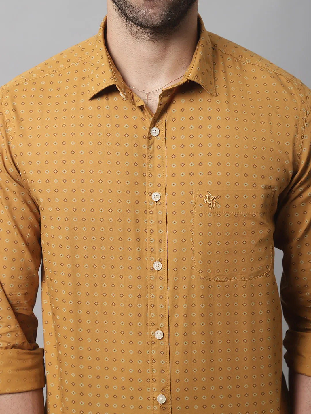 Men's Mustard Casual Geometric Print Full Sleeve Shirt