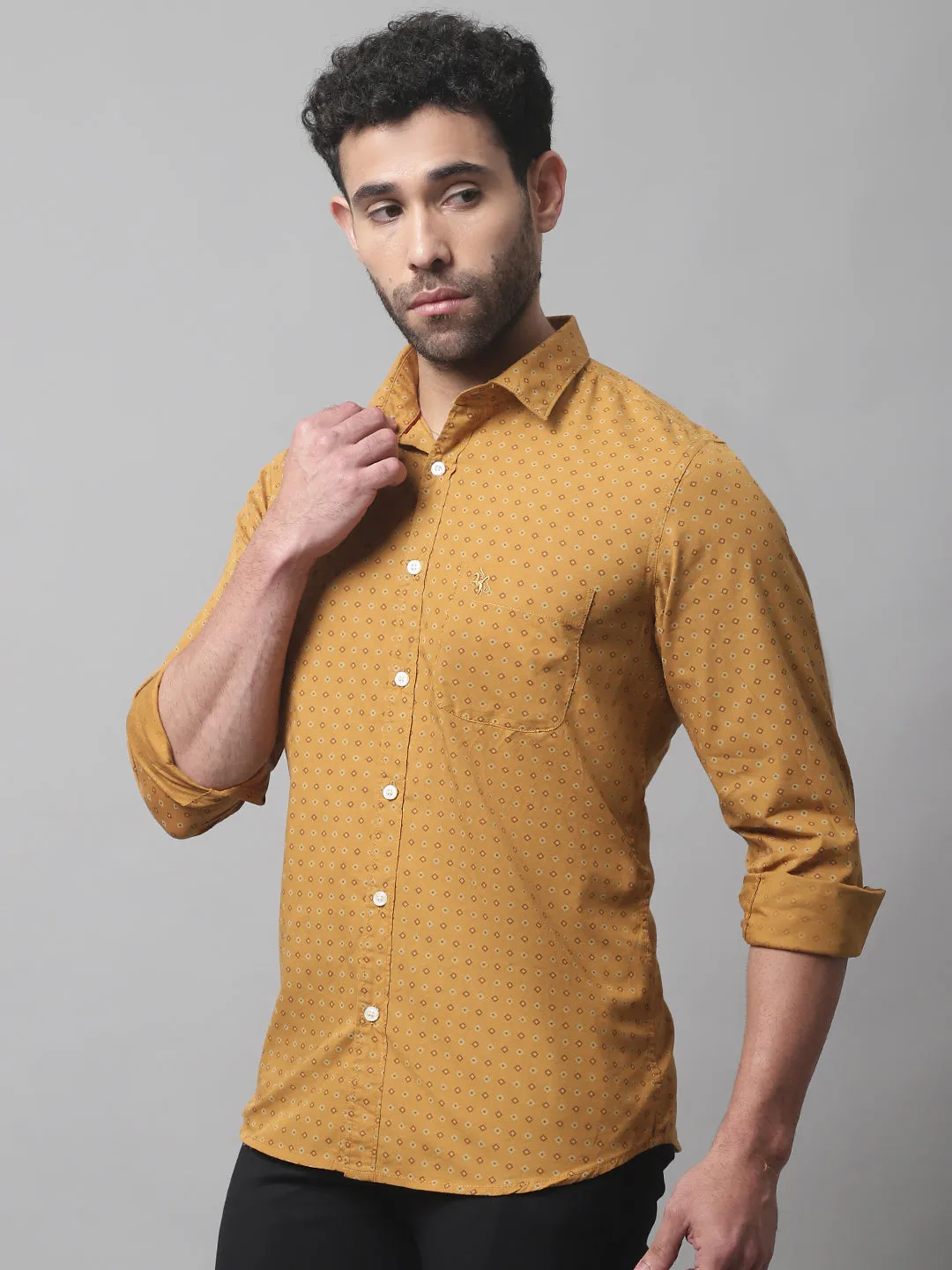 Men's Mustard Casual Geometric Print Full Sleeve Shirt