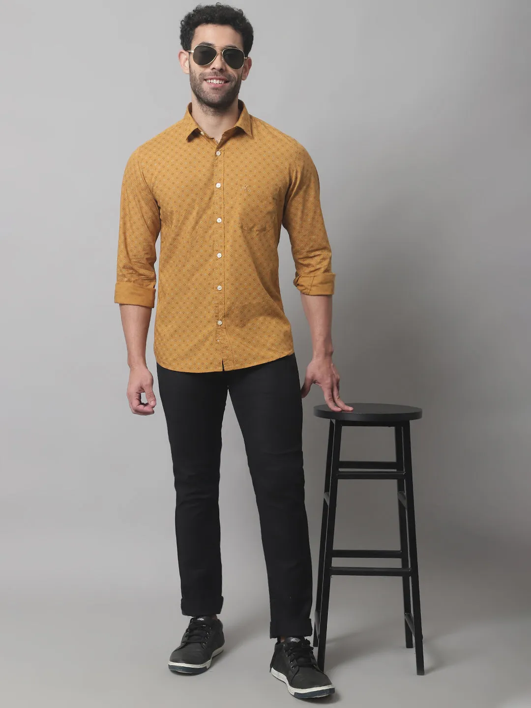 Men's Mustard Casual Geometric Print Full Sleeve Shirt
