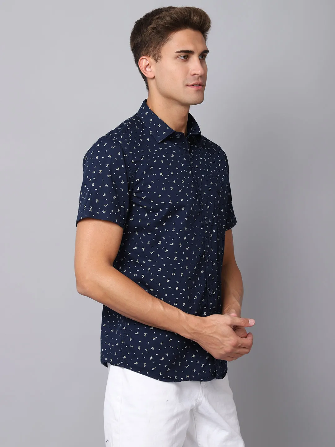 Men's Navy Blue Casual Floral Print Half Sleeve Shirt