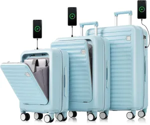 Merax Luggage, Hardshell Suit case with Front Pocket Cup Holder and USB Port, Light Blue, 4-Piece Set
