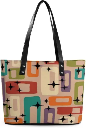 Mid-Century Modern Atomic Art Women Tote Bags Top Handle Satchel Handbags Faux Leather Tassel Shoulder Purse