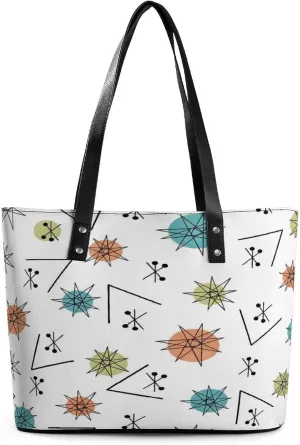 Mid-Century Modern Atomic Art Women Tote Bags Top Handle Satchel Handbags Faux Leather Tassel Shoulder Purse