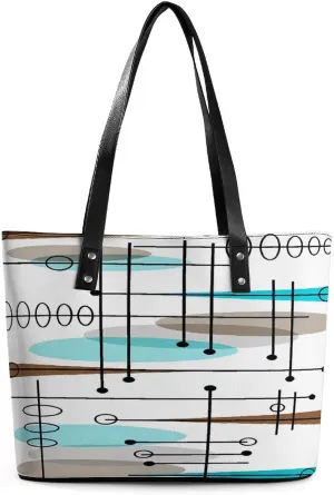 Mid-Century Modern Atomic Art Women Tote Bags Top Handle Satchel Handbags Faux Leather Tassel Shoulder Purse