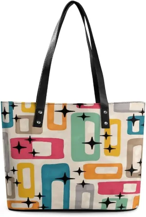 Mid-Century Modern Atomic Art Women Tote Bags Top Handle Satchel Handbags Faux Leather Tassel Shoulder Purse