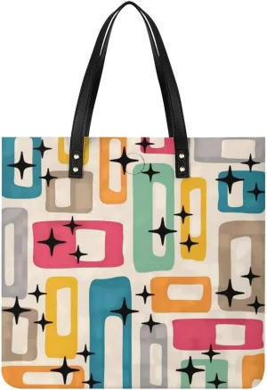 Mid-Century Modern Atomic Art Women Tote Bags Top Handle Satchel Handbags PU Faux Leather Tassel Shoulder Purse