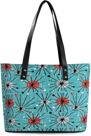 Mid Century Modern Atomic Turquoise Women Tote Bags Top Handle Satchel Handbags Faux Leather Tassel Shoulder Purse
