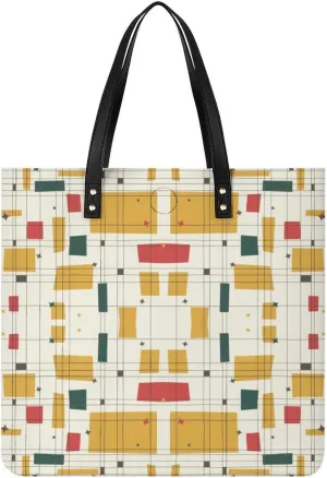 Mid Century Modern Partten Women Tote Bags Top Handle Satchel Handbags PU Faux Leather Tassel Shoulder Purse