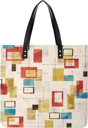 Mid Century Modern Partten Women Tote Bags Top Handle Satchel Handbags PU Faux Leather Tassel Shoulder Purse