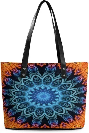 Modern Mandala Aqua Blue Orange Women Tote Bags Top Handle Satchel Handbags Faux Leather Tassel Shoulder Purse