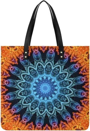 Modern Mandala Aqua Blue Orange Women Tote Bags Top Handle Satchel Handbags PU Faux Leather Tassel Shoulder Purse