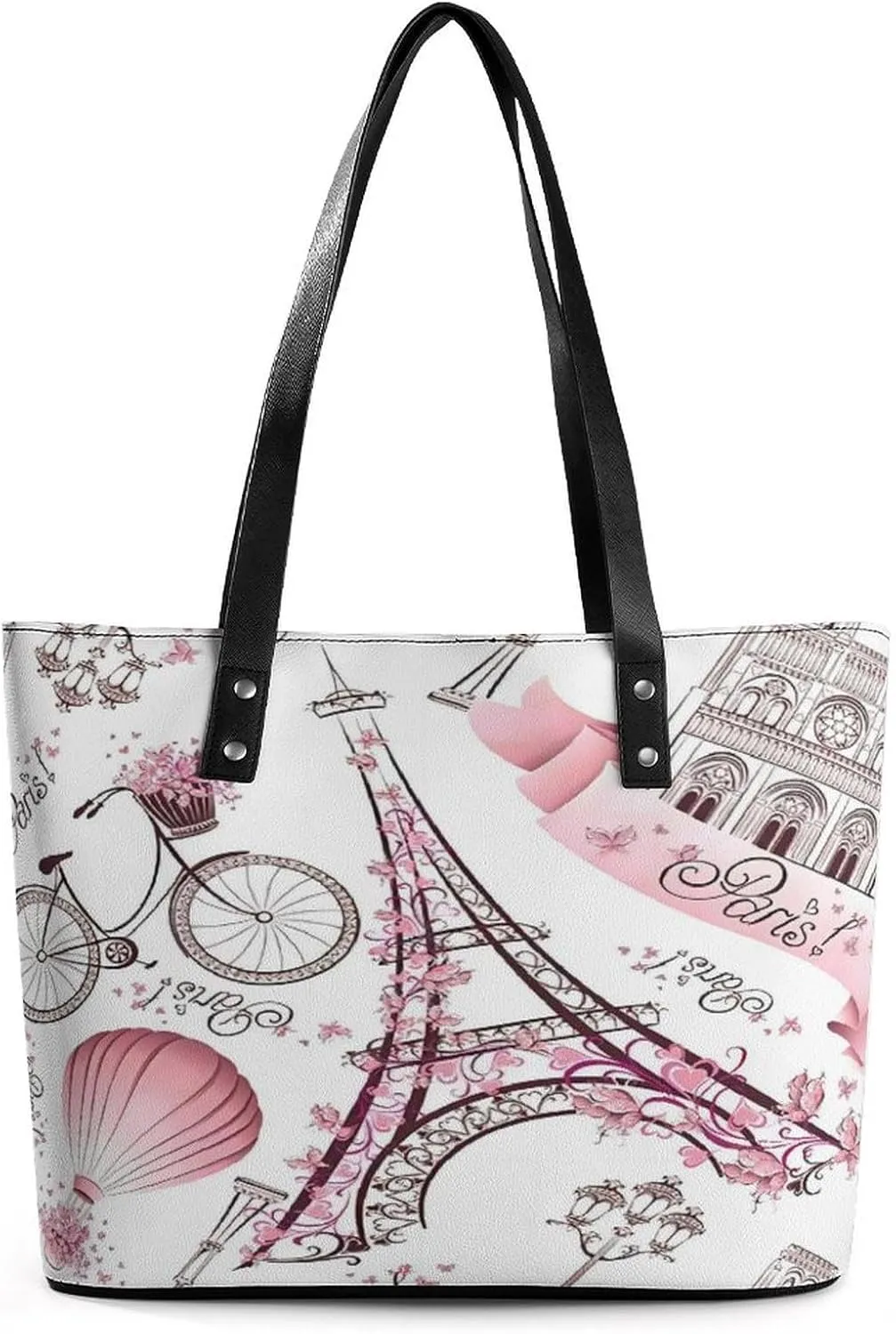 Modern Pink Paris Eiffel Tower Art Women Tote Bags Top Handle Satchel Handbags Faux Leather Tassel Shoulder Purse