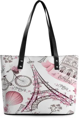 Modern Pink Paris Eiffel Tower Art Women Tote Bags Top Handle Satchel Handbags Faux Leather Tassel Shoulder Purse