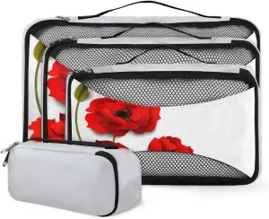 Modern Poppy Flower 4 Piece Packing Travel Organizer Cubes Set Mesh Fabric Ventilate Design Lightweight Travel Accessories 4 Sizes (Extra Large, Large, Medium, Small)