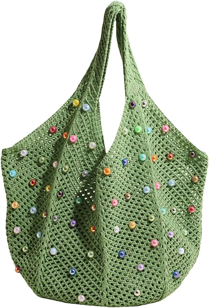 Mtsebmves Women Beach Boho Tote Trendy Cute Large Capacity Colored Beads Crochet Shoulder Bag Handbag