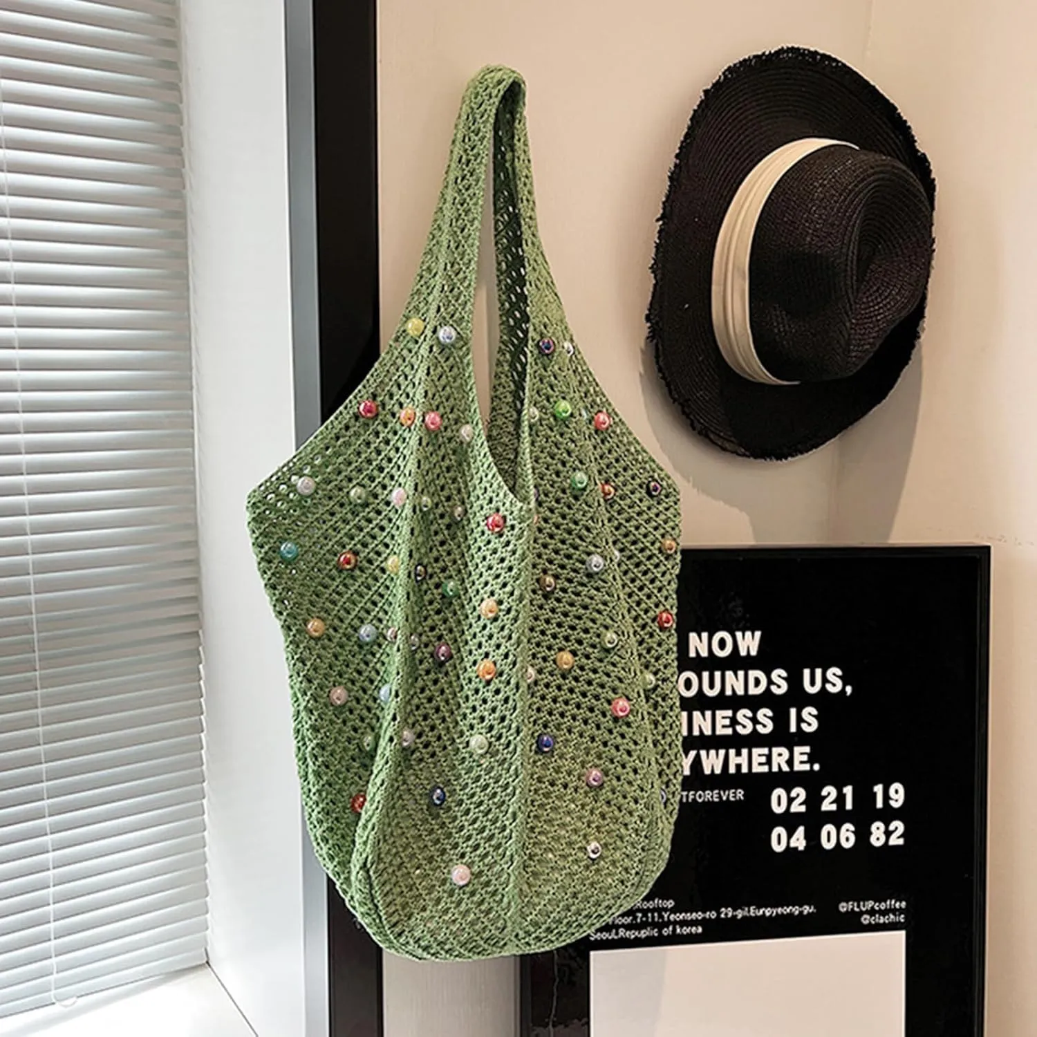 Mtsebmves Women Beach Boho Tote Trendy Cute Large Capacity Colored Beads Crochet Shoulder Bag Handbag