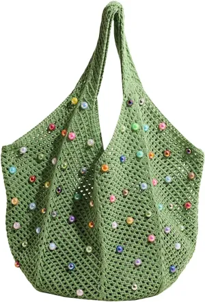 Mtsebmves Women Beach Boho Tote Trendy Cute Large Capacity Colored Beads Crochet Shoulder Bag Handbag