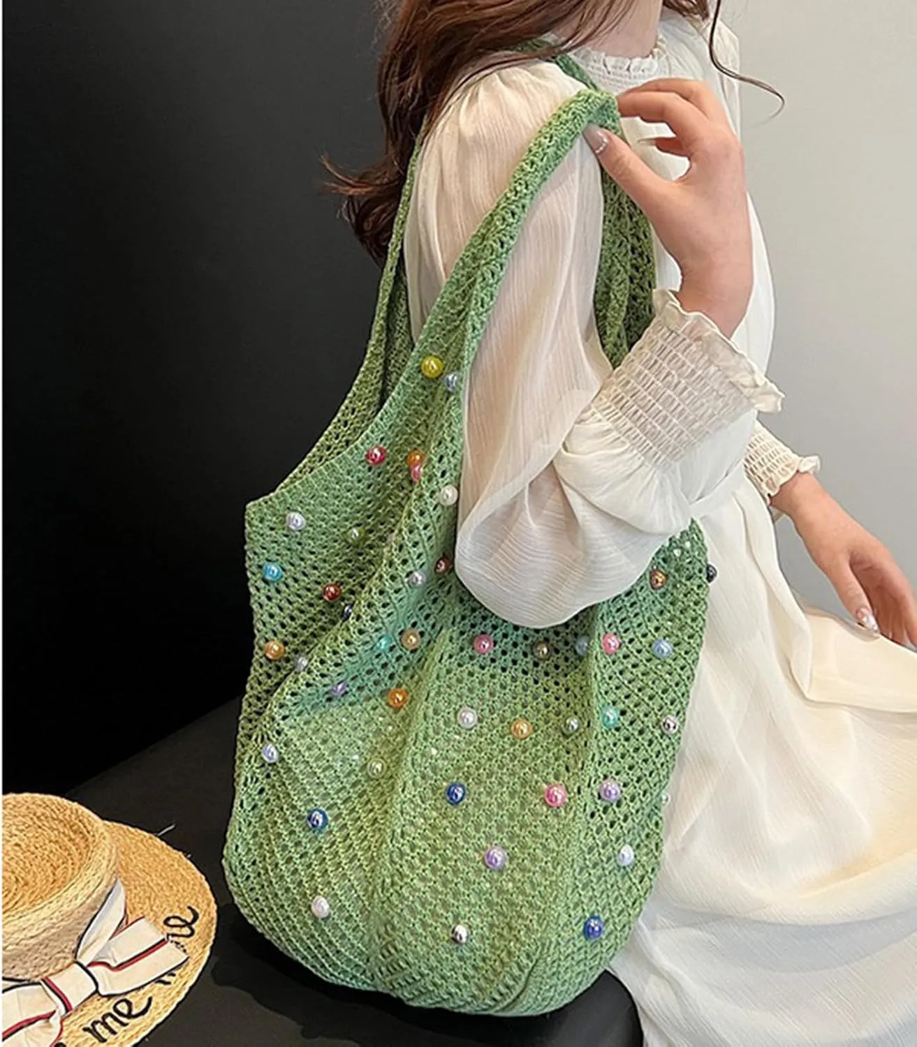 Mtsebmves Women Beach Boho Tote Trendy Cute Large Capacity Colored Beads Crochet Shoulder Bag Handbag
