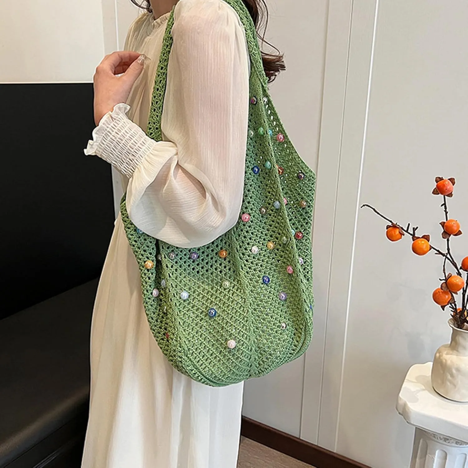 Mtsebmves Women Beach Boho Tote Trendy Cute Large Capacity Colored Beads Crochet Shoulder Bag Handbag