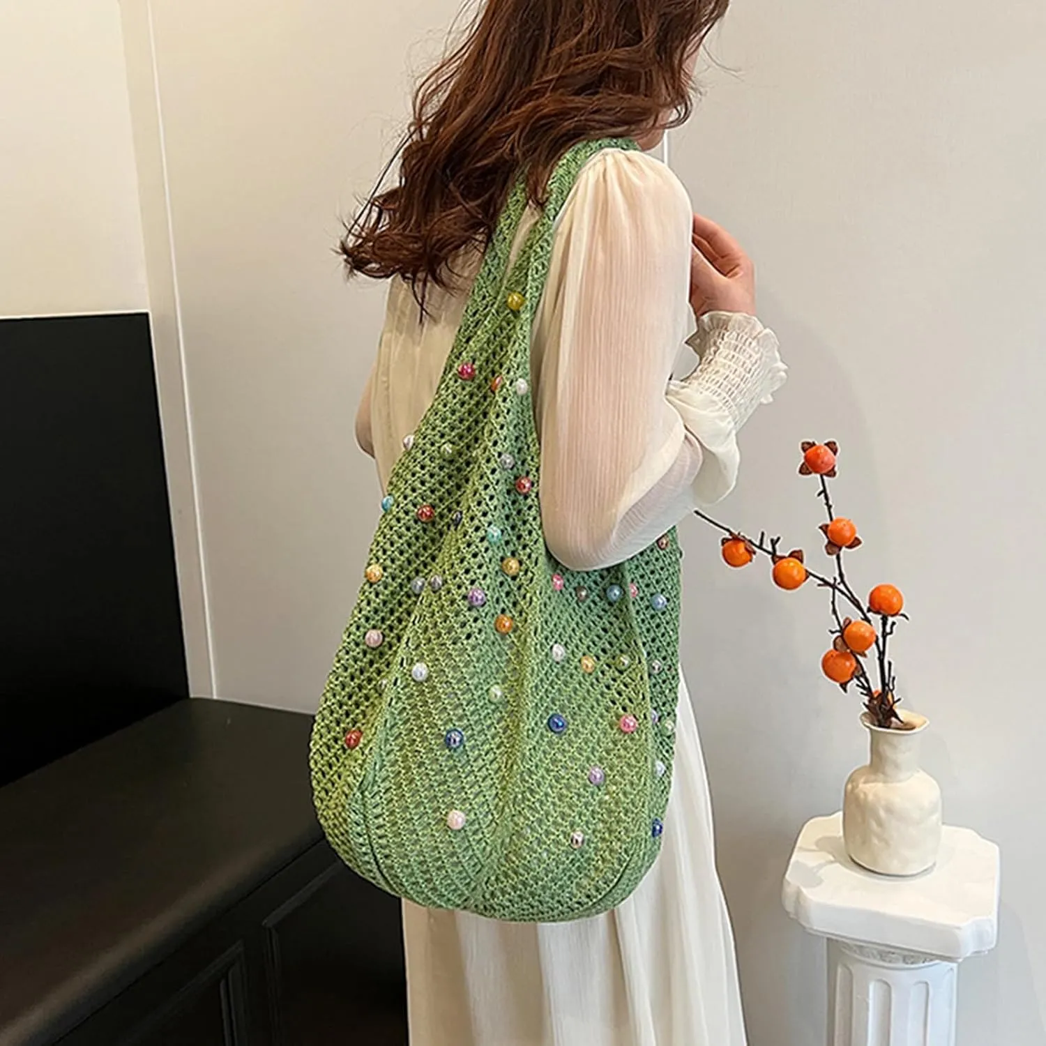 Mtsebmves Women Beach Boho Tote Trendy Cute Large Capacity Colored Beads Crochet Shoulder Bag Handbag